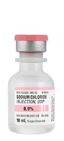 Sodium Chloride, Preservative Free 0.9% Injection Single Dose Vial 10 mL Diluent (25/BX 16BX/CS) by Fresenius Kabi USA, LLC.  ID 63323-0186-10